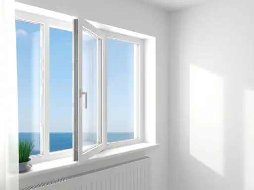 Ventanas oscilobatientes con vista al mar. Una planta verde decora el alféizar.