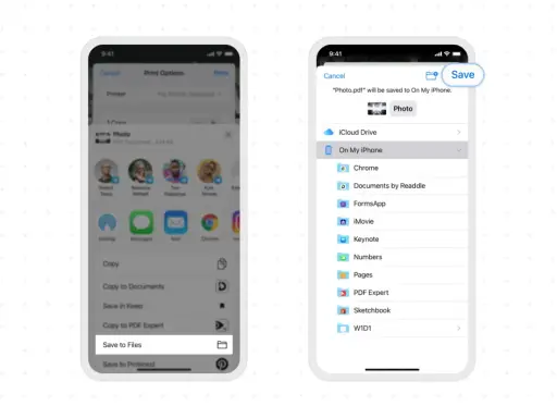 Skanowanie dokumentów iPhone: wybierz "Zapisz do plików", aby zachować zeskanowany dokument PDF na urządzeniu.