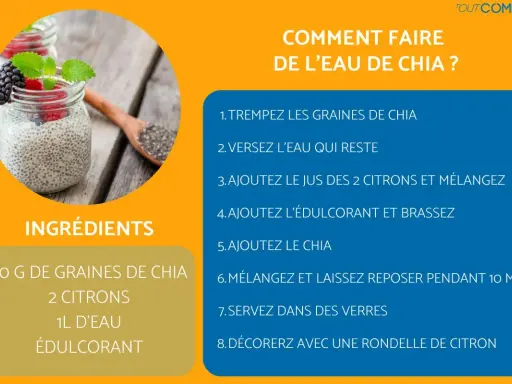 Verre de **eau de chia** avec fruits rouges et menthe. Recette expliquée en 8 étapes. Ingrédients : graines de chia, citrons, eau, édulcorant.