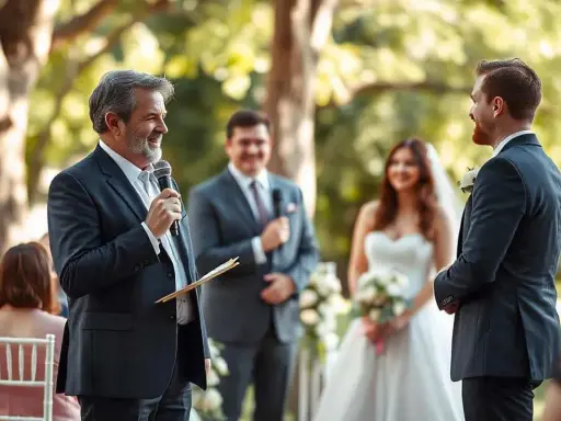 Un hombre con micrófono lee textos para leer en una boda a los novios, quienes sonríen.
