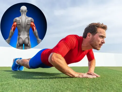 Mann macht Liegestütze, um seinen Trizeps zu trainieren. Ein anatomisches Bild zeigt die beanspruchten Muskeln.