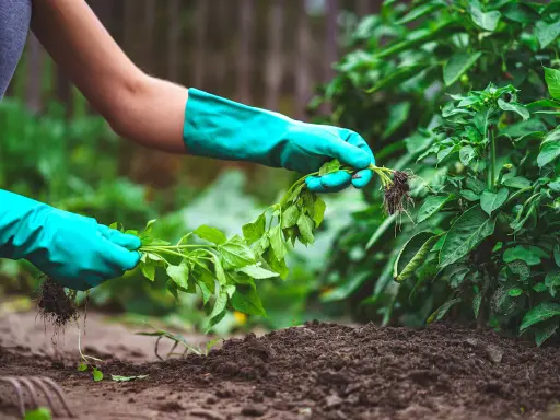 Manos enguantadas sacan con cuidado una planta con raíces del suelo, tarea esencial para quitar malas hierbas y cuidar el huerto.