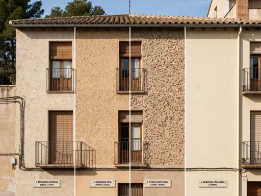 Fachadas de casas con monocapa: raspada, gota, piedra proyectada y fratasada. Muestran diferentes texturas y acabados.