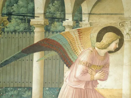 Ange aux ailes colorées, œuvre de Fra Angelico à Florence. Sa robe rose et son auréole céleste évoquent la douceur de la Renaissance.