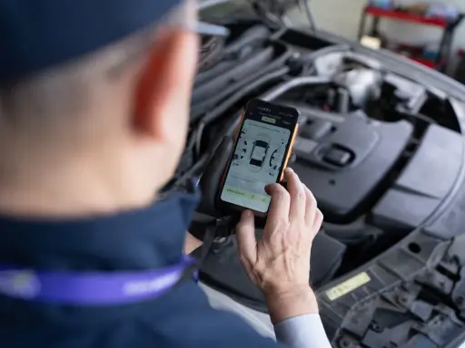 Mechanik sprawdza na telefonie raport z pomiaru lakieru i szczelin, szukając potencjalnych **kody błędów** w samochodzie.