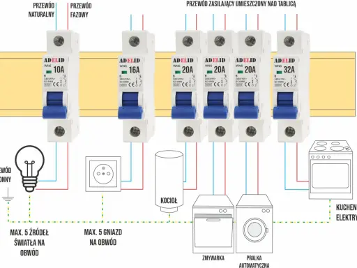 Schemat instalacji elektrycznej z typoszereg zabezpieczeń nadprądowych. Wyłączniki chronią obwody oświetlenia, gniazd, kotła, zmywarki, pralki i kuchenki.