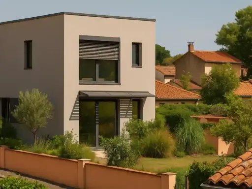 Maison moderne aux lignes épurées, exemple de construction maison passive. Jardin verdoyant et toits de tuiles environnants.