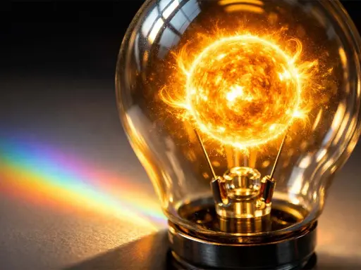 Une ampoule contenant le soleil, symbolisant l'intensité lumineuse formule. Un arc-en-ciel se reflète sur le côté.