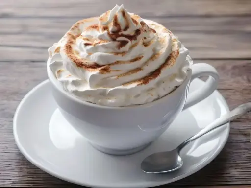 Ein cremiger Kapuziner Kaffee, üppig garniert mit Schlagsahne und Zimt, wartet auf einem Holztisch.