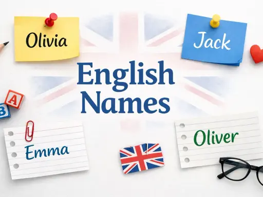 Olivia, Jack, Emma, Oliver – popularne angielskie imiona na tle flagi Wielkiej Brytanii.