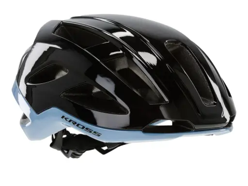 Czarny błyszczący kask rowerowy Kross z niebieskim akcentem, idealny na gravel. Zastanawiasz się, jaki kask na gravela wybrać? Ten model zapewni bezpieczeństwo i komfort.