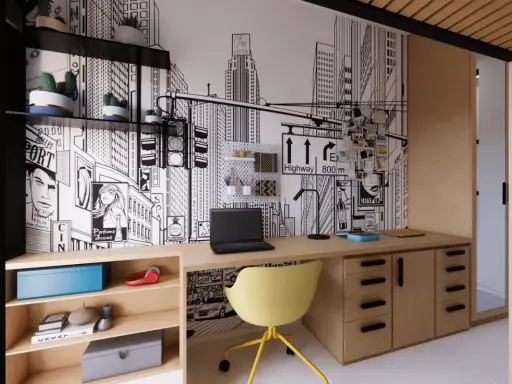 Pokój nastolatka inspiracje: biurko z laptopem i żółtym krzesłem, ściana z grafiką miasta i półkami.