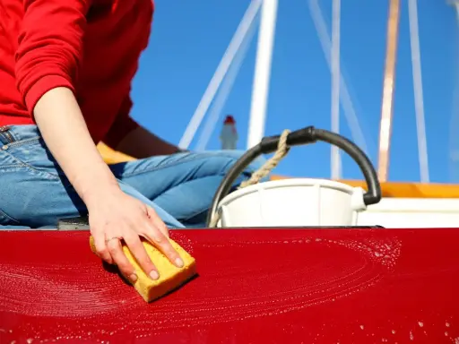Maintenant, on apprend comment laver une coque de bateau. Une main savonneuse frotte la surface rouge avec une éponge jaune.
