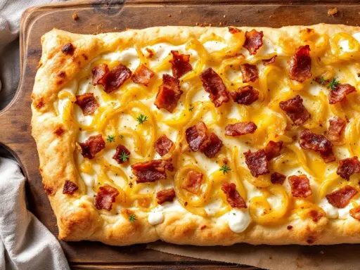 Flammekueche gourmande avec sa crème onctueuse, oignons caramélisés et lardons croustillants. Une recette facile pour un plaisir garanti.