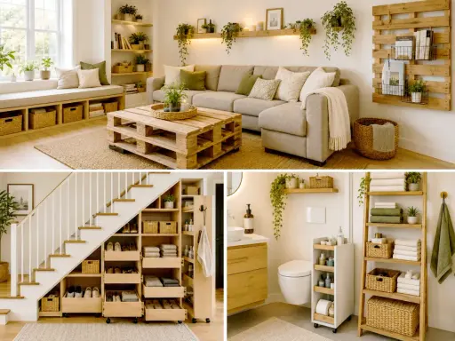 Inspirerande idéer för diy inredning: vardagsrum med pallbord, smart förvaring under trappan och ett stilrent badrum.