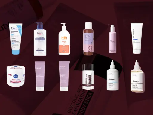 Hudvårdsprodukter för att behandla keratosis pilaris, inklusive krämer, lotions och exfolierande stift.