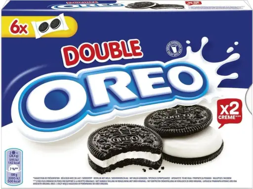Opakowanie ciastek Oreo Double z dwoma ciastkami i napisem "x2 Creme".