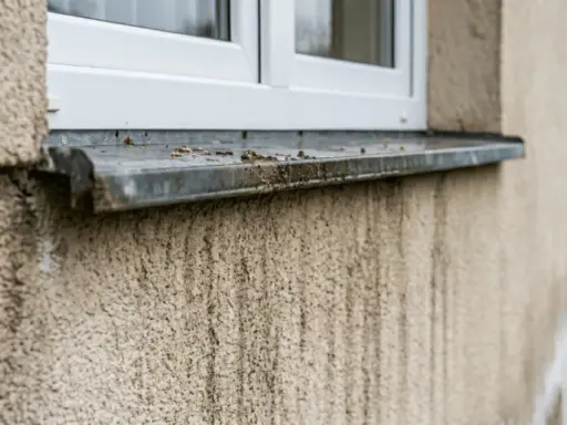 Zacieki na elewacji po deszczu, brudny parapet pod oknem.