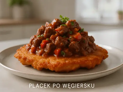 Sycący placek po węgiersku, polany gęstym gulaszem z mięsa i papryki, ozdobiony natką pietruszki.