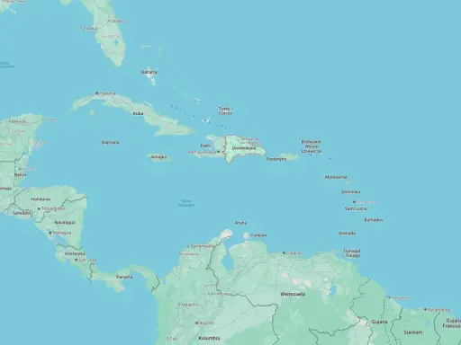 Mapa Karaibów i Ameryki Środkowej. Widać Kubę, Jamajkę, Haiti i Dominikanę.