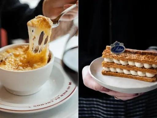 Soupe à l'oignon gratinée et millefeuille, deux spécialités parisiennes emblématiques.