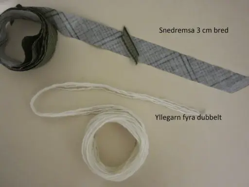 Snedremsa 3 cm bred och ett garnnystan för att sy passpoal.
