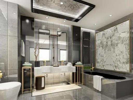 Bagni belli con vasca nera, doppio lavabo e finiture dorate. Un'oasi di lusso e relax.