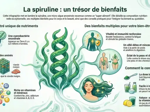 L'infographie détaille les nombreux bienfaits de la spiruline : vitalité, détox, éclat de la peau et des cheveux. Un super-aliment riche en nutriments.