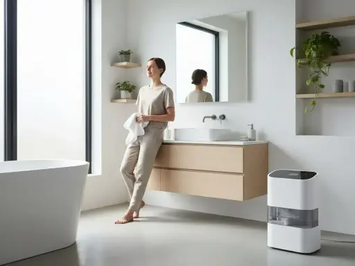 Mujer en baño moderno con deshumidificador, una solución para saber como sacar la humedad del baño sin ventilación.