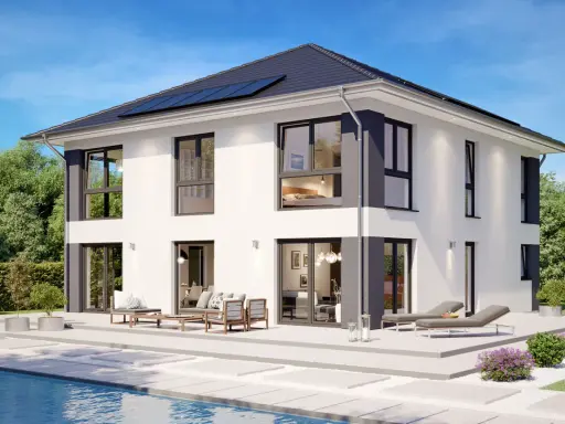 Moderne Stadtvilla mit Pool und Gartenmöbeln. Die Definition einer Stadtvilla: ein repräsentatives Wohnhaus in der Stadt.