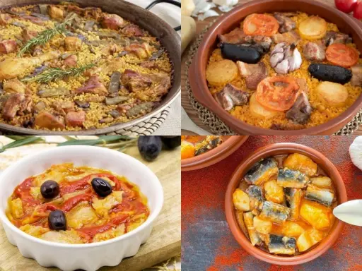 Variedad de comidas típicas de Valencia: paella, arroz al horno, pisto y pescado con patatas.