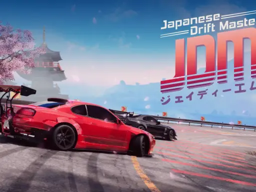 Czerwony i czarny samochód w stylu jdm japanese drift master na torze wyścigowym, z kwitnącą wiśnią i pagodą w tle.