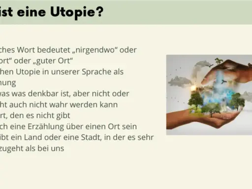 Hände halten eine Welt mit Bäumen, Wasserfall und Stadt. Merkmale Utopie: ein Ort, der nicht existiert, aber denkbar ist.