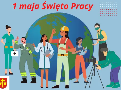 1 maja Święto Pracy. Ludzie różnych zawodów, od pielęgniarki po operatora kamery, stoją przed globusem, celebrując dzień pracy.
