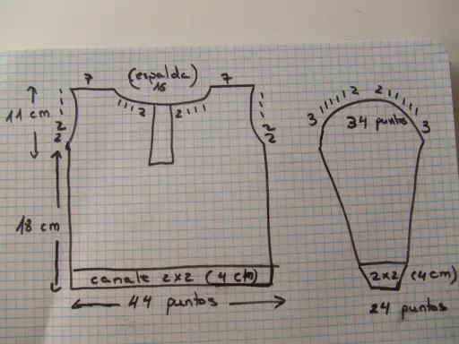 Patrón para jerseys de bebé hechos a mano paso a paso. Incluye medidas y puntos para espalda y manga.