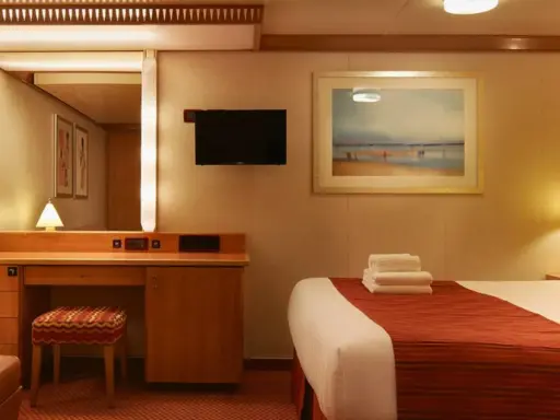 Accogliente cabina interna crociera con letto, specchio, scrivania e TV.