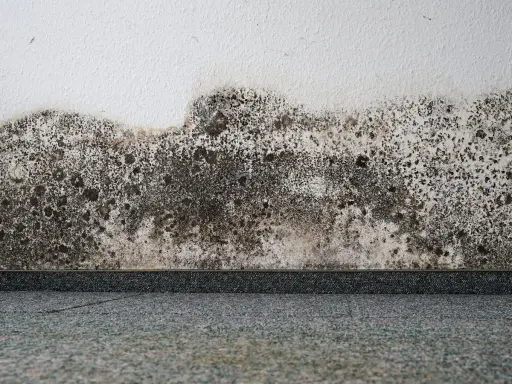 Muri bianchi con estesa muffa a puntini scura e grigiastra che avanza dal basso, creando un effetto maculato.