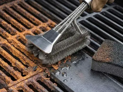 Cepillo metálico limpiando parrilla barbacoa oxidada. Un guante marrón sujeta el cepillo mientras elimina el óxido y la suciedad.