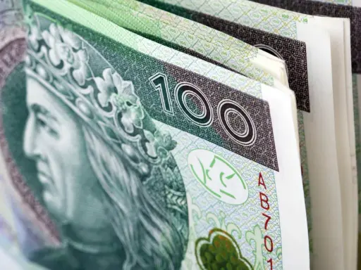 Stos banknotów 100 zł, symbolizujący premię uznaniową. Król na banknocie wygląda jakby cieszył się z dodatkowych pieniędzy.