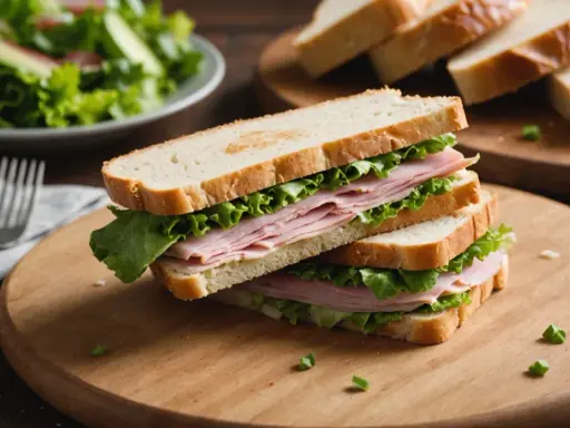 Un délicieux sandwich pain viennois garni de jambon et de laitue fraîche, prêt à être dégusté.
