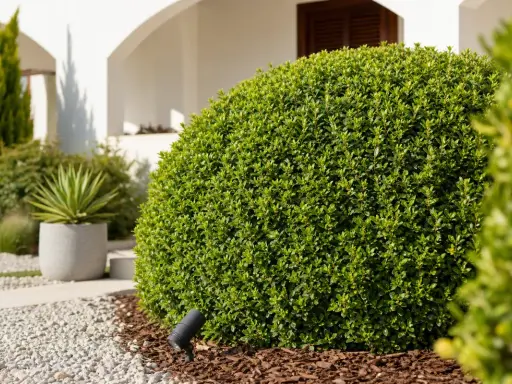 Un pittosporum bien taillé, prêt pour l'été. Un éclairage discret souligne sa forme arrondie.