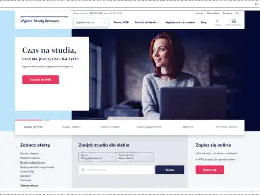 Strona główna WSB online: młoda kobieta z laptopem, oferty studiów, wyszukiwarka kierunków i opcja zapisu online.