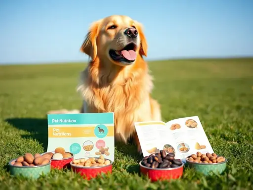 Golden retriever z zaciekawieniem patrzy na miseczki z orzechami i broszurę "Pet Nutrition". Czy psy mogą jeść nerkowce?