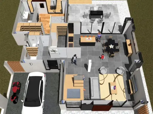 Vue aérienne d'un plan maison 4 chambres avec garage, salon, salle à manger, cuisine et terrasse.