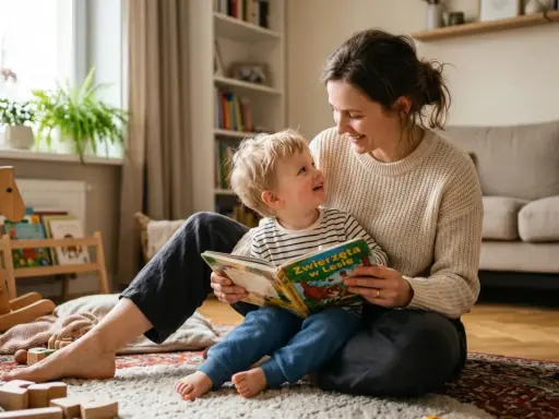 Uśmiechnięta mama czyta książkę swojemu 3-letniemu dziecku. Siedzą na dywanie wśród zabawek.