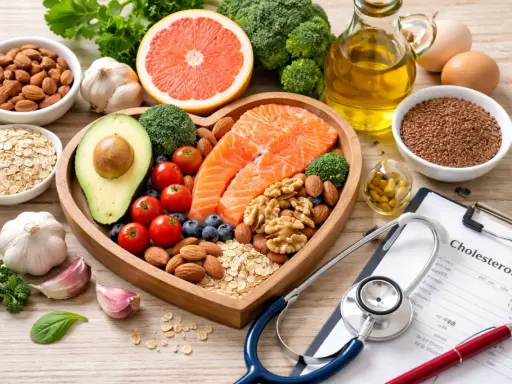 Salmone, avocado, noci e altri cibi sani per combattere il colesterolo 260 dopo 50 anni. Stetoscopio e ricetta medica in primo piano.