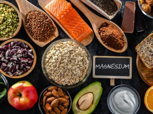 Magnesium-reiche Lebensmittel wie Lachs, Haferflocken, Nüsse und dunkle Schokolade zeigen die Wirkung von Magnesium auf den Körper.