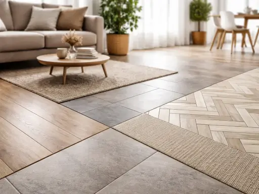 Salon moderne avec différents revêtements de sol : parquet, carrelage et tapis. Une tendance sol qui allie textures et styles.
