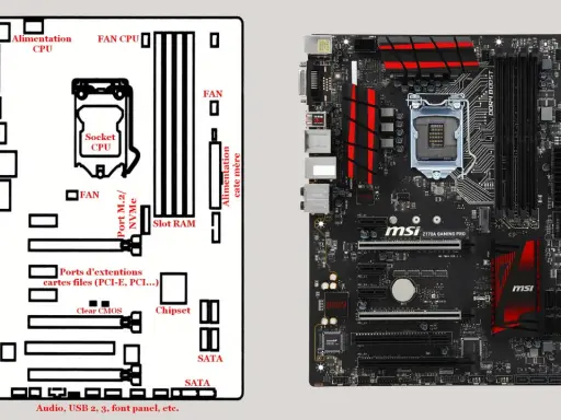 Schéma et carte mère MSI Z170A Gaming Pro. Le socket Intel pour le processeur est bien visible, entouré de connecteurs et de slots RAM.