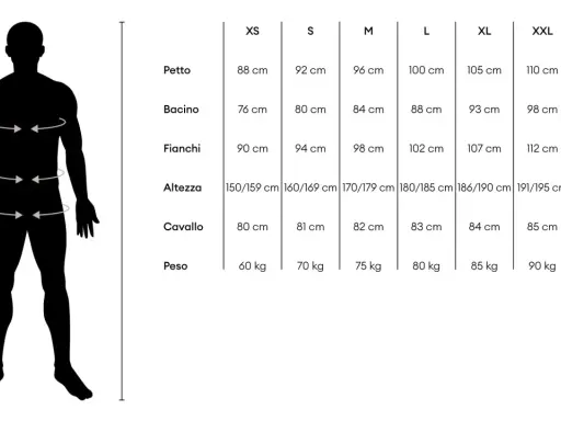 Tabella taglie: la taglia S corrisponde a petto 92 cm, bacino 80 cm, fianchi 94 cm, altezza 160-169 cm, cavallo 81 cm, peso 70 kg.